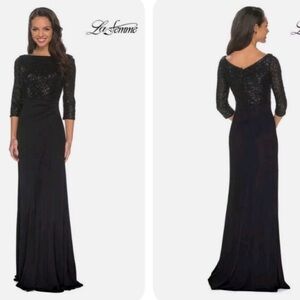 La Femme Black Sequin Jersey Column Gown 4 NWT new 3/4 long sleeve ruched 24858